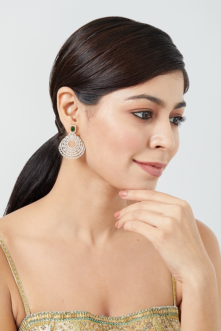 Gold Finish Emerald Synthetic Stone & Zircon Dangler Earrings by Aster at Pernia's Pop Up Shop