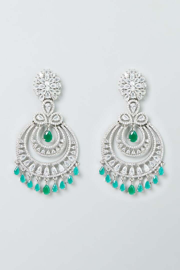 White Finish Emerald Synthetic Stones & Zircon Dangler Earrings by Aster at Pernia's Pop Up Shop