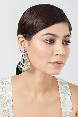 White Finish Emerald Synthetic Stones & Zircon Dangler Earrings by Aster