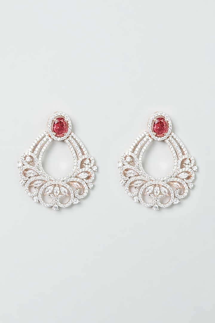 Rose Gold Finish Ruby Synthetic Stone & Zircon Dangler Earrings by Aster at Pernia's Pop Up Shop