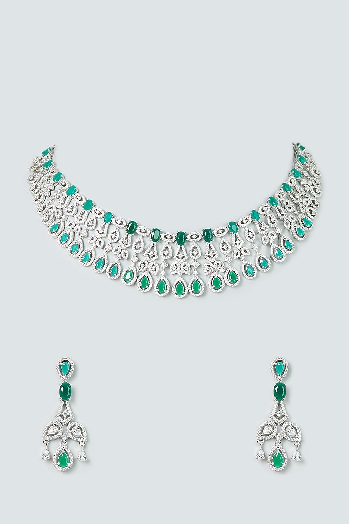 White Finish Emerald Synthetic Stones Necklace Set by Aster at Pernia's Pop Up Shop