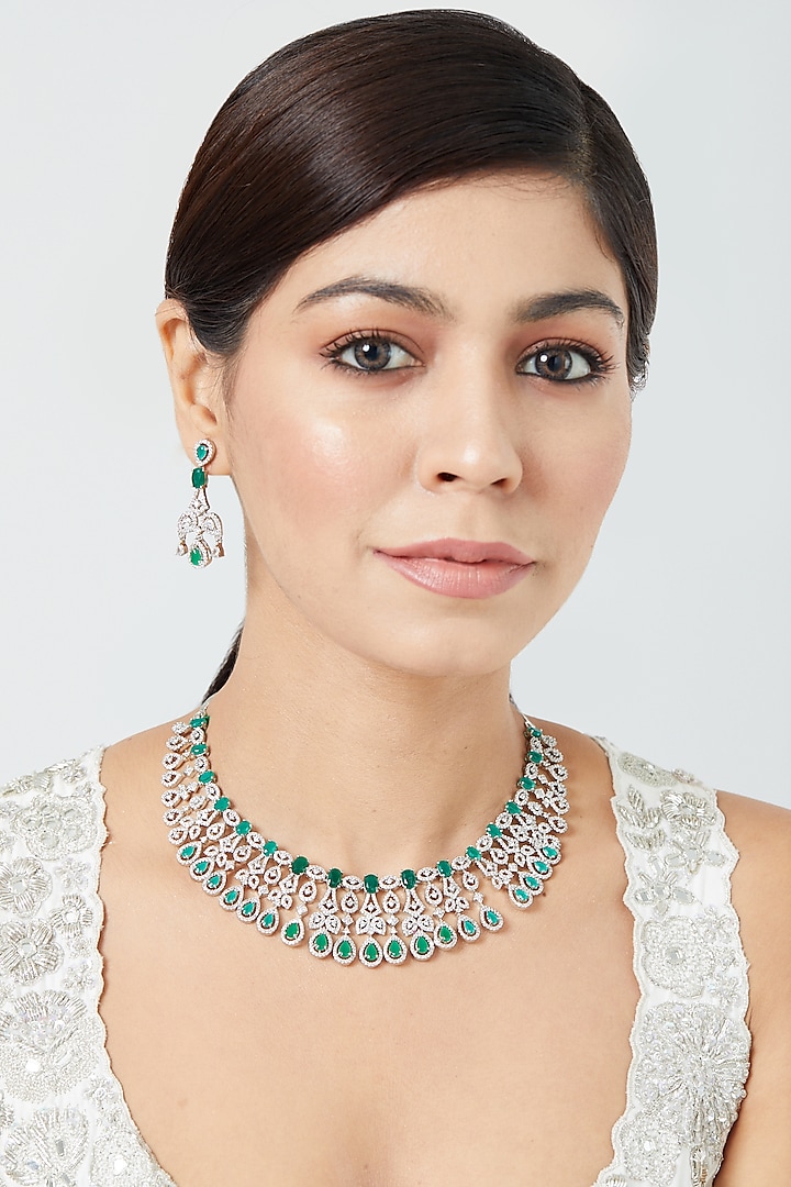 White Finish Emerald Synthetic Stones Necklace Set by Aster