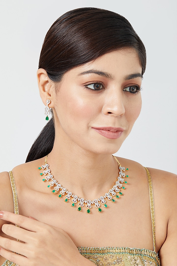 Gold Finish Emerald Synthetic Stone Necklace Set by Aster