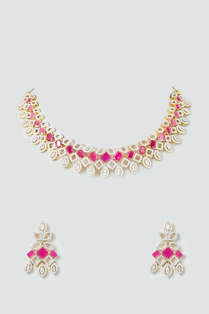 Two Tone Finish Ruby Synthetic Stone & Zircon Necklace Set by Aster at Pernia's Pop Up Shop