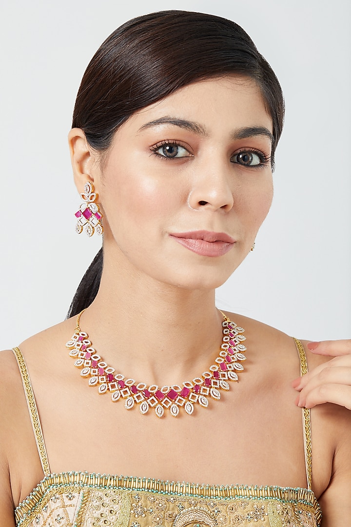Two Tone Finish Ruby Synthetic Stone & Zircon Necklace Set by Aster