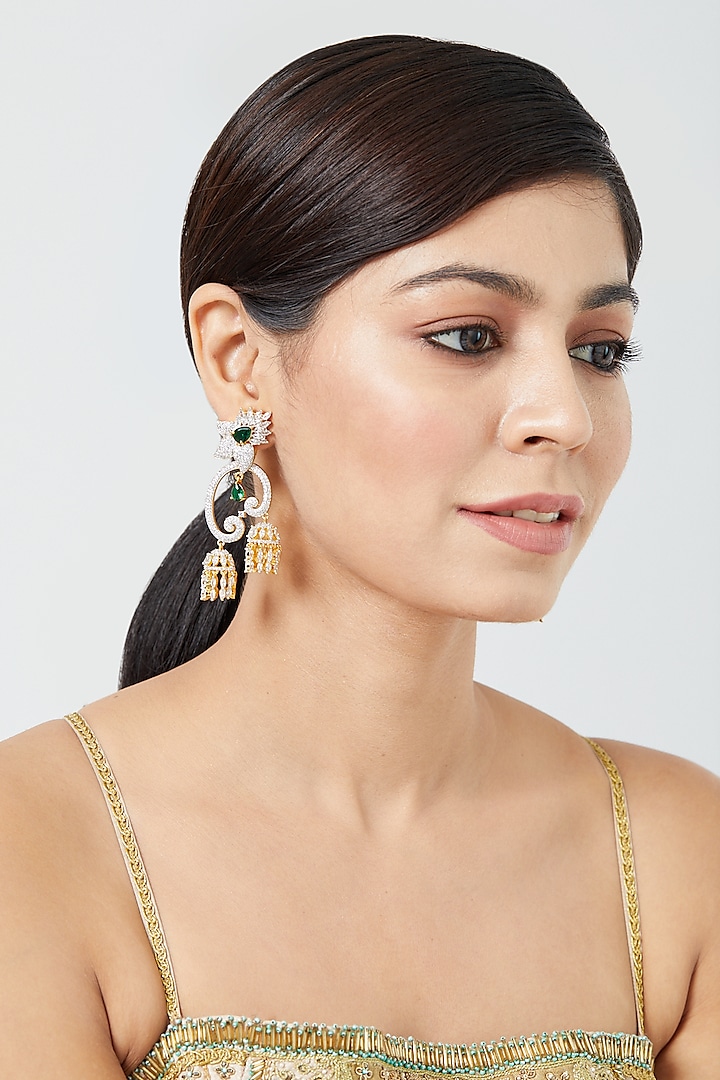 Gold Finish Zircon & Emerald Synthetic Stone Dangler Earrings by Aster