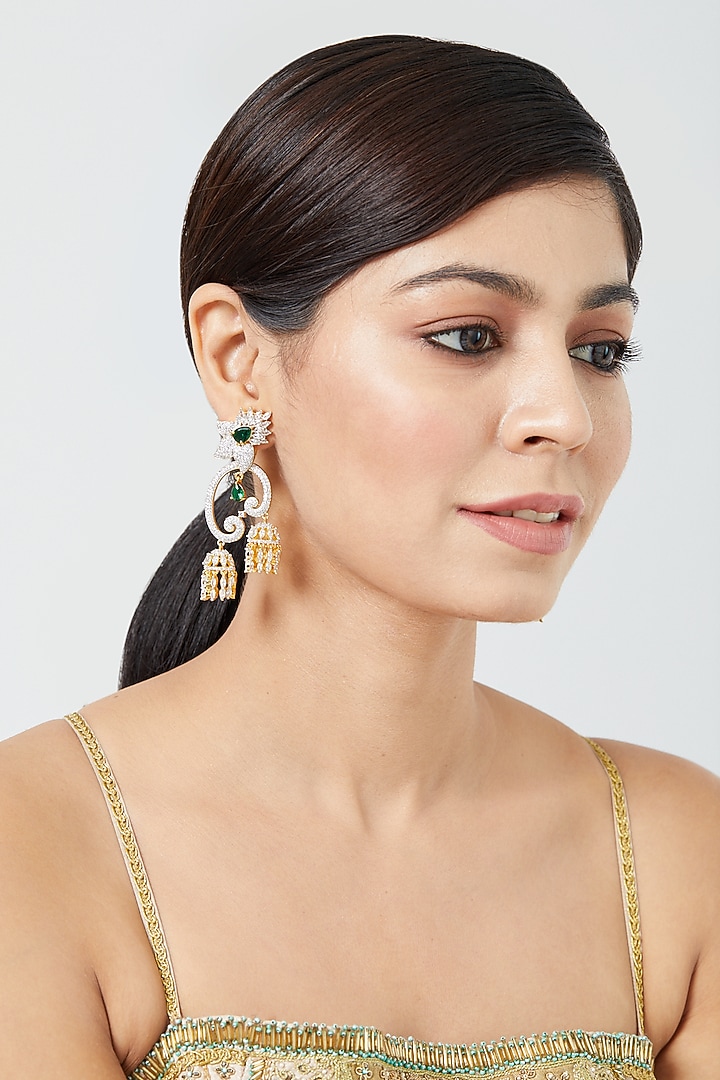 Gold Finish Zircon & Emerald Synthetic Stone Dangler Earrings by Aster at Pernia's Pop Up Shop