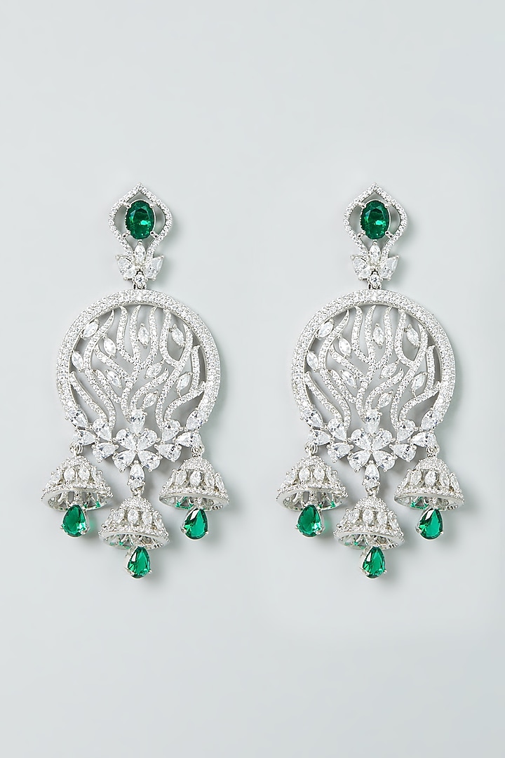 White Finish Zircon & Emerald Synthetic Stone Dangler Earrings by Aster at Pernia's Pop Up Shop