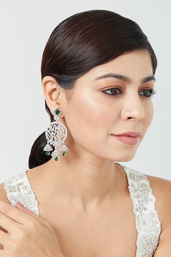 White Finish Zircon & Emerald Synthetic Stone Dangler Earrings by Aster