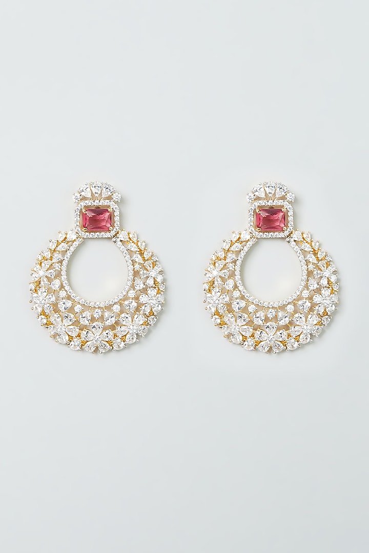 Gold Finish Zircon & Ruby Synthetic Stone Dangler Earrings by Aster at Pernia's Pop Up Shop