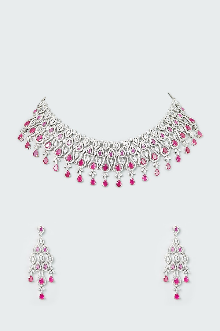 White Finish Zircong & Ruby Synthetic Stone Necklace Set by Aster at Pernia's Pop Up Shop