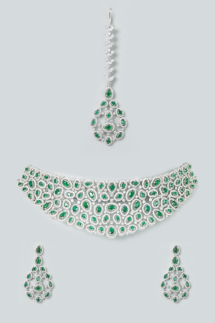 White Finish Zircon & Emerald Synthetic Stone Necklace Set by Aster at Pernia's Pop Up Shop