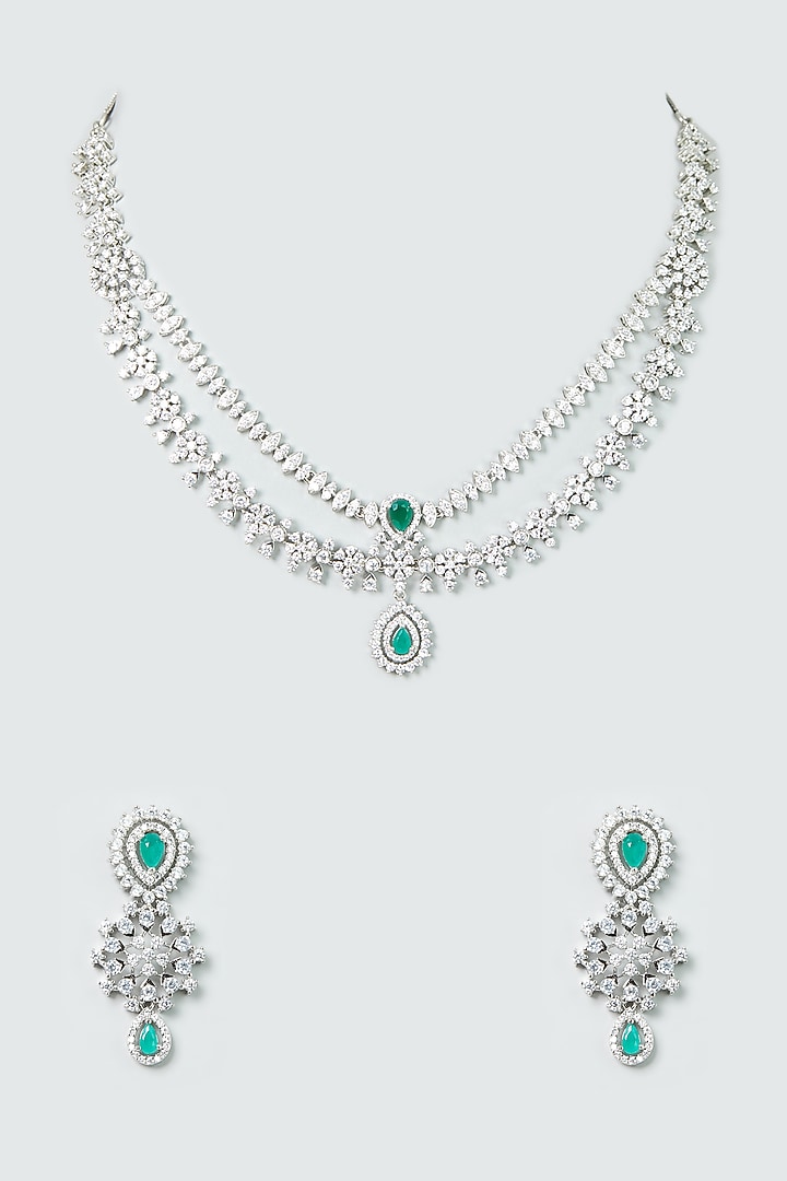 White Finish Zircon & Emerald Stone Layered Necklace Set by Aster at Pernia's Pop Up Shop