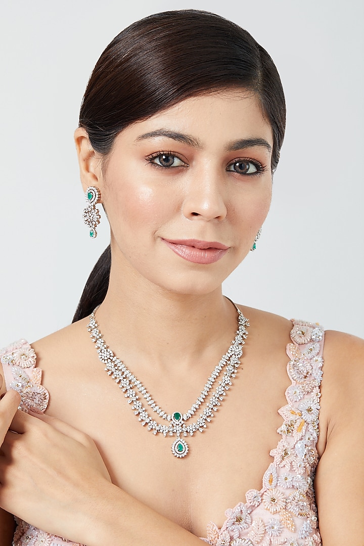 White Finish Zircon & Emerald Stone Layered Necklace Set by Aster