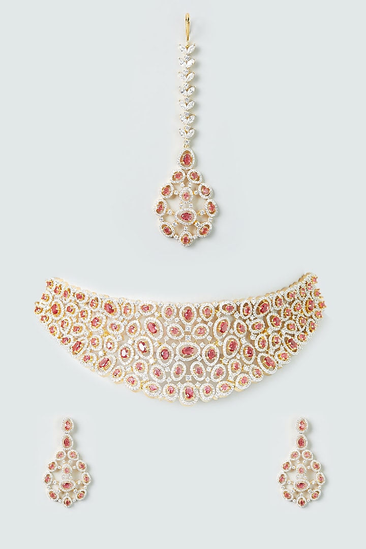 Gold Finish Zircon & Ruby Synthetic Stones Necklace Set by Aster at Pernia's Pop Up Shop
