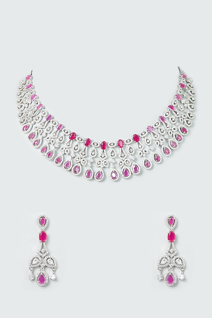 White Finish Zircon & Ruby Synthetic Stone Necklace Set by Aster at Pernia's Pop Up Shop