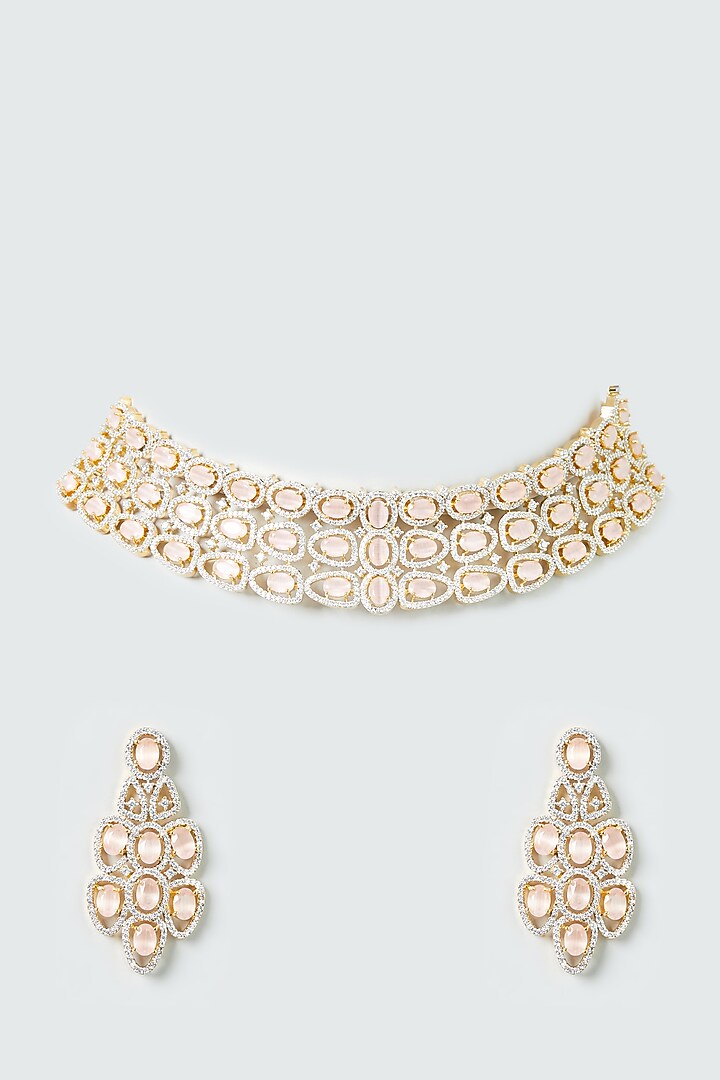 Rose Gold Finish Zircon & Peach Synthetic Stone Necklace Set by Aster at Pernia's Pop Up Shop