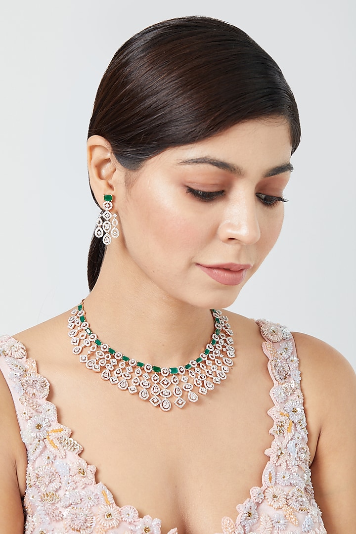 White Finish Zircon & Emerald Synthetic Stone Necklace Set by Aster