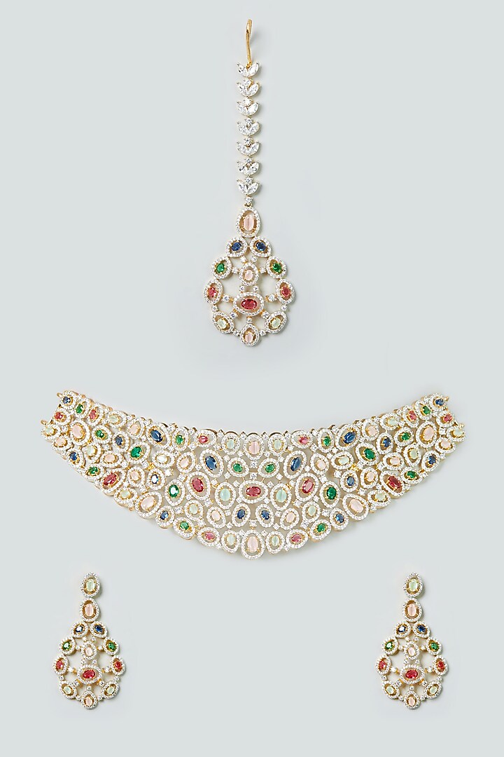 Two Tone Finish Zircon Multi-Colored Stone Necklace Set by Aster at Pernia's Pop Up Shop