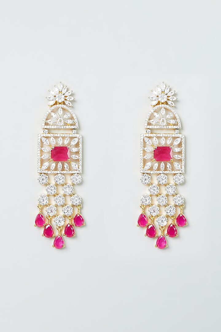 Gold Finish Zircon & Ruby Synthetic Stones Dangler Earrings by Aster at Pernia's Pop Up Shop