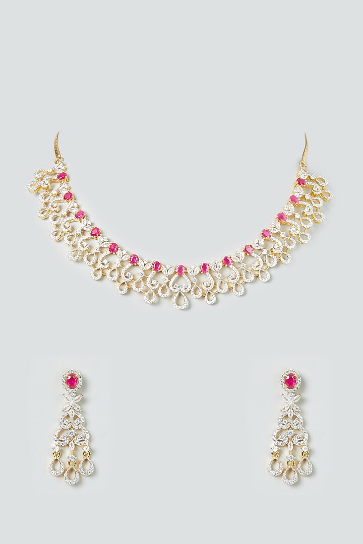 Gold Finish White & Ruby Synthetic Stone Necklace Set by Aster at Pernia's Pop Up Shop
