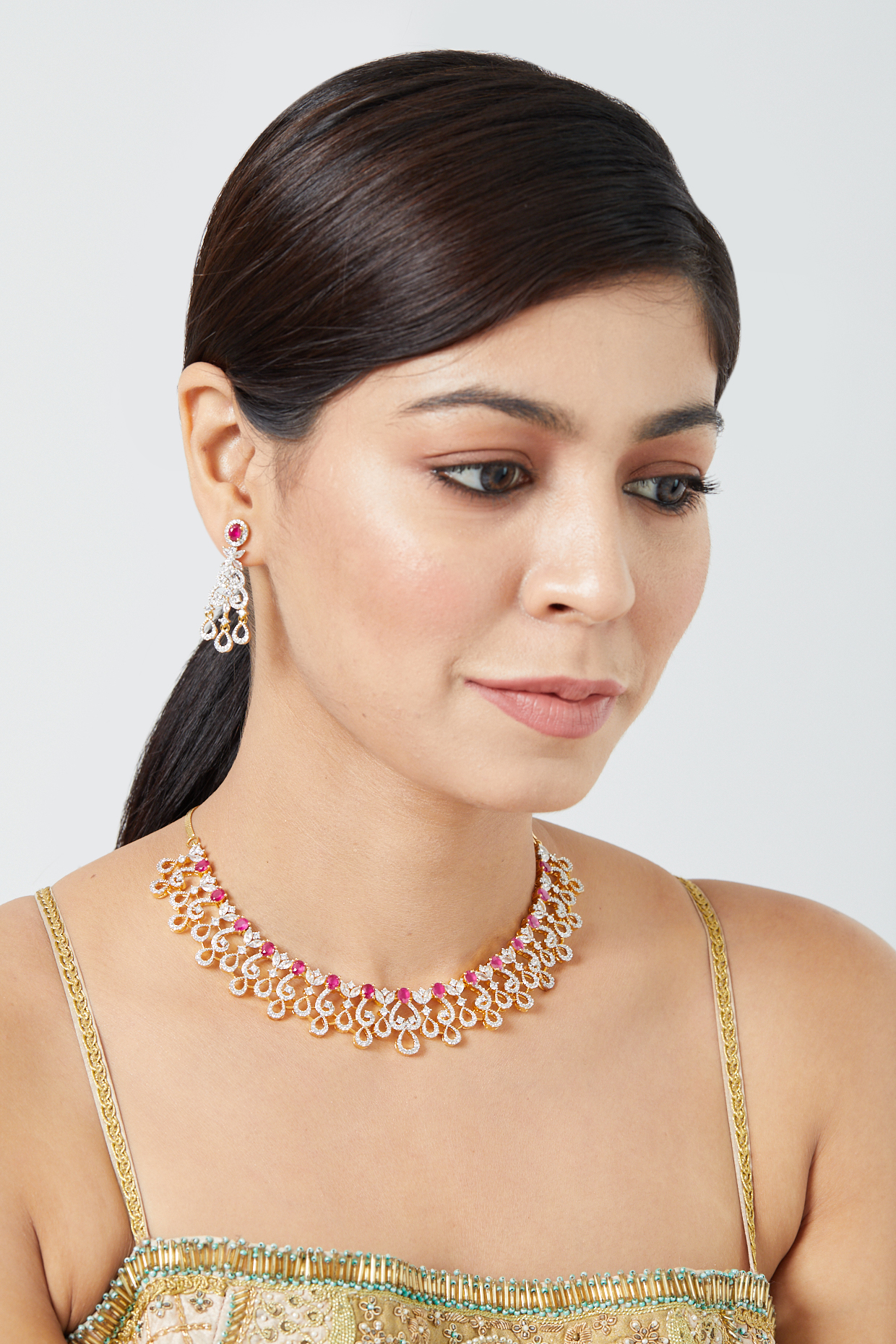 Gold Finish White & Ruby Synthetic Stone Necklace Set by Aster at Pernia's Pop Up Shop