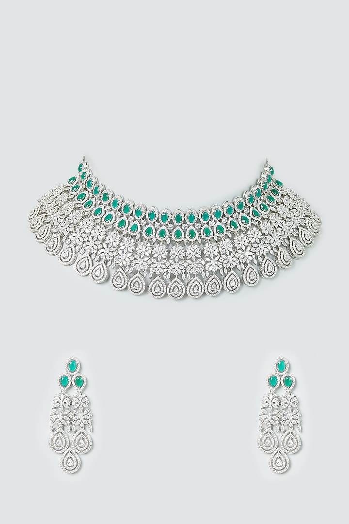 White Finish Zircon & Emerald Synthetic Stone Necklace Set by Aster at Pernia's Pop Up Shop