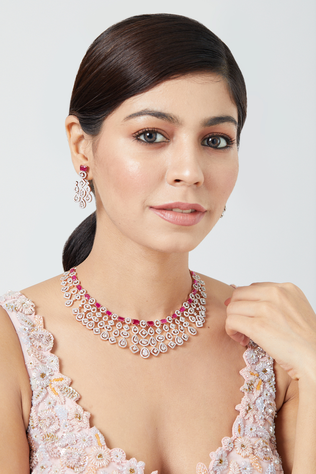 White Finish Ruby Synethic Stone Necklace Set by Aster at Pernia's Pop Up Shop