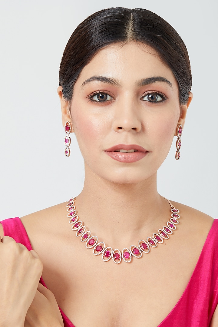White Finish Ruby Synethic Stone & Zircon Necklace Set by Aster