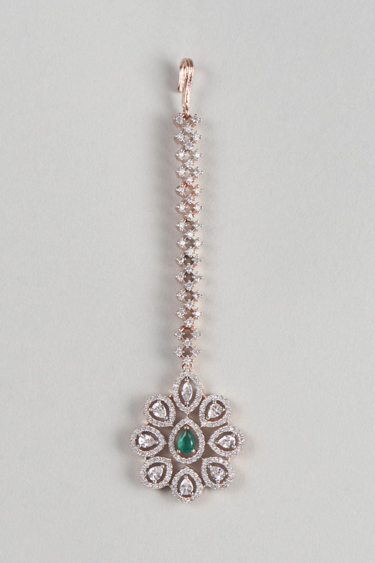 Rose Gold Finish Maang Tikka With Green Stones by Aster