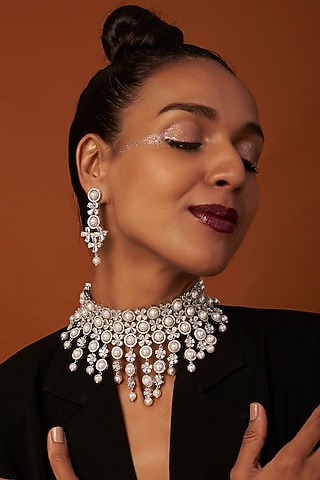 White Finish Zircon & Pearl Choker Necklace Set by Aster