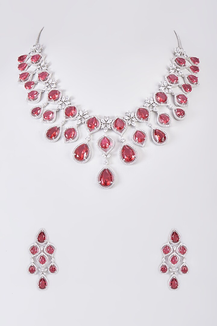 White Finish Zircon & Red Stone Necklace Set by Aster at Pernia's Pop Up Shop