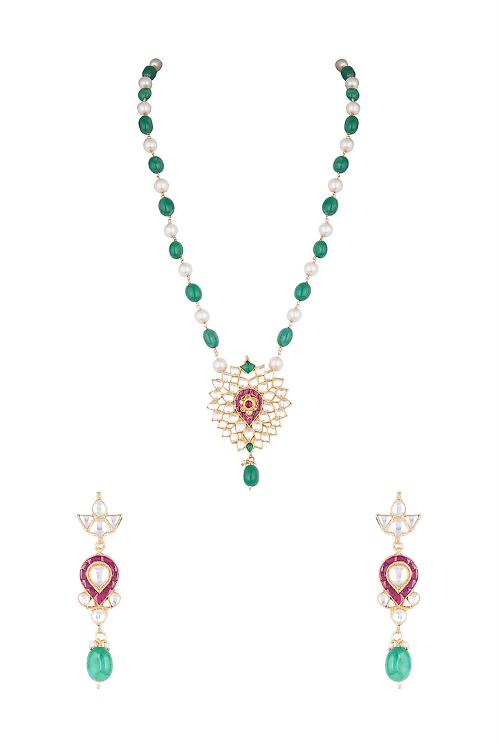 Gold Finish Faux Pearls, Kundan & Stones Mala Necklace Set by Aster at Pernia's Pop Up Shop
