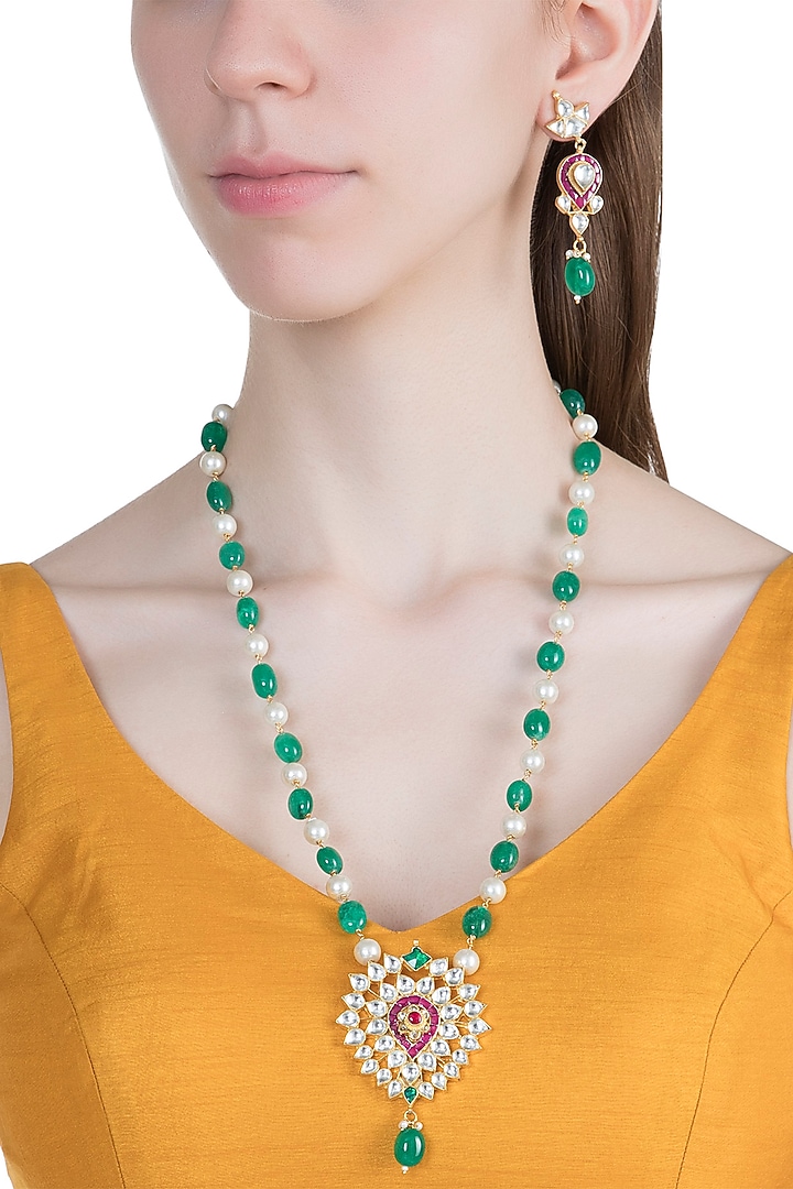 Gold Finish Faux Pearls, Kundan & Stones Mala Necklace Set by Aster at Pernia's Pop Up Shop