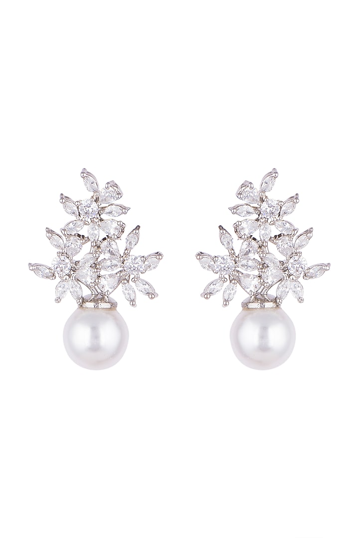 White Finish Faux Diamonds & Pearl Earrings by Aster at Pernia's Pop Up Shop