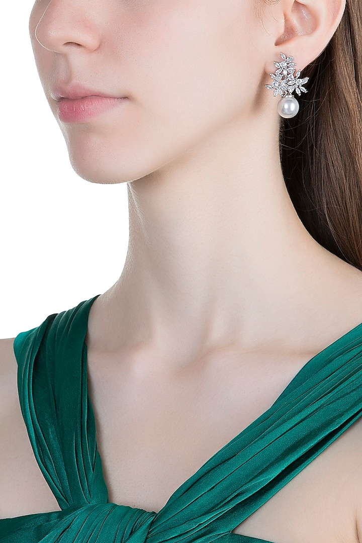 White Finish Faux Diamonds & Pearl Earrings by Aster