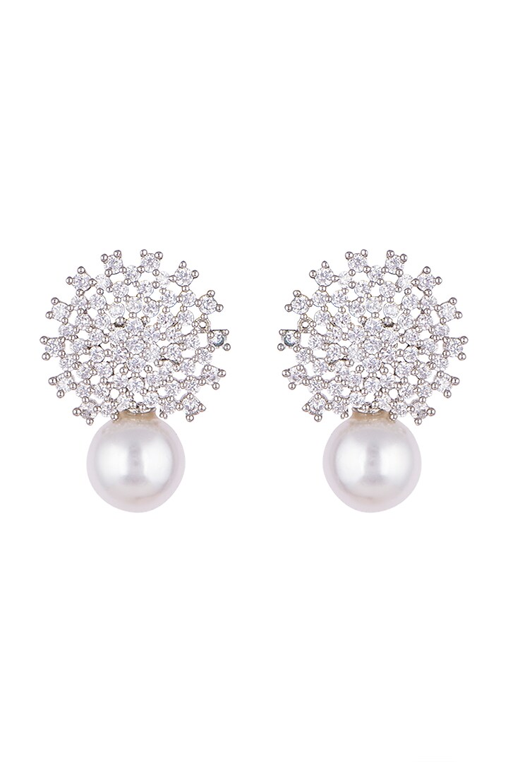 White Finish Faux Pearl & Diamonds Earrings by Aster at Pernia's Pop Up Shop