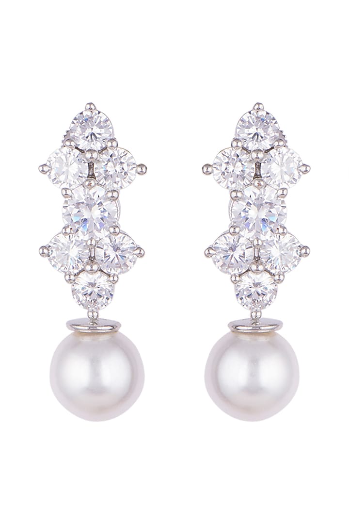 White Finish Faux Diamonds & Pearl Drop Earrings by Aster at Pernia's Pop Up Shop