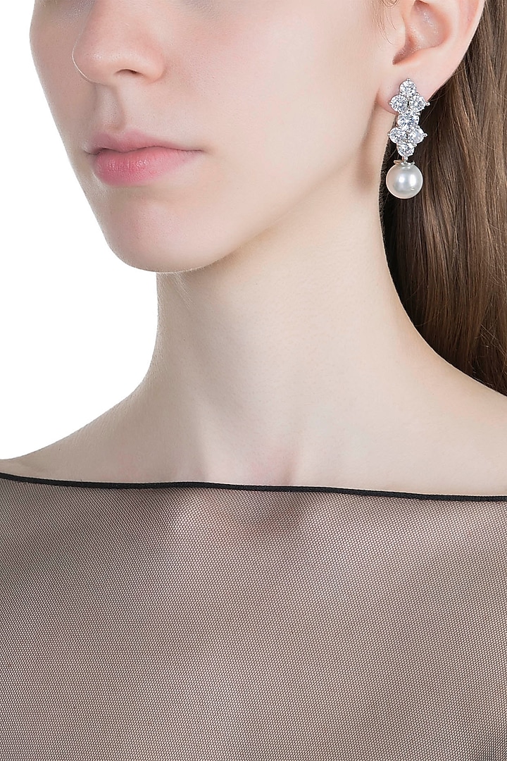 White Finish Faux Diamonds & Pearl Drop Earrings by Aster
