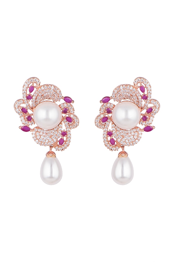 Rose Gold Finish Faux Diamonds, Pink Stones & Pearls Earrings by Aster at Pernia's Pop Up Shop