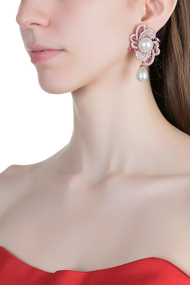 Rose Gold Finish Faux Diamonds, Pink Stones & Pearls Earrings by Aster