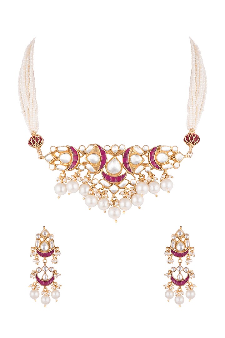 Gold Finish Pearls & Kundan Necklace Set by Aster at Pernia's Pop Up Shop