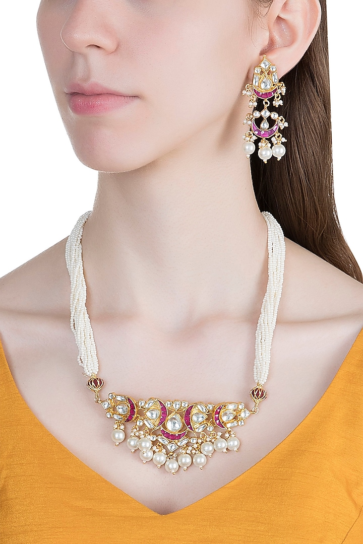 Gold Finish Pearls & Kundan Necklace Set by Aster