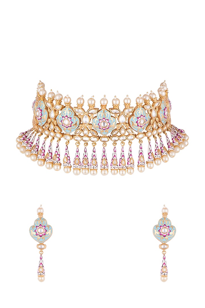 Gold Finish Meenakari Necklace Set by Aster at Pernia's Pop Up Shop
