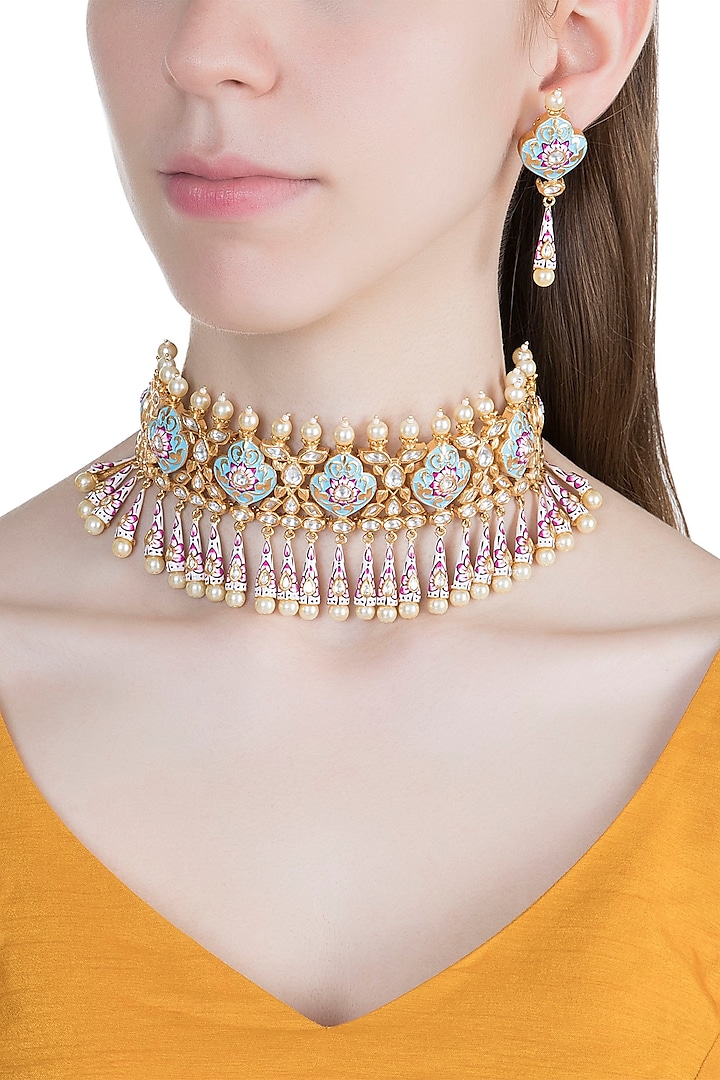Gold Finish Meenakari Necklace Set by Aster