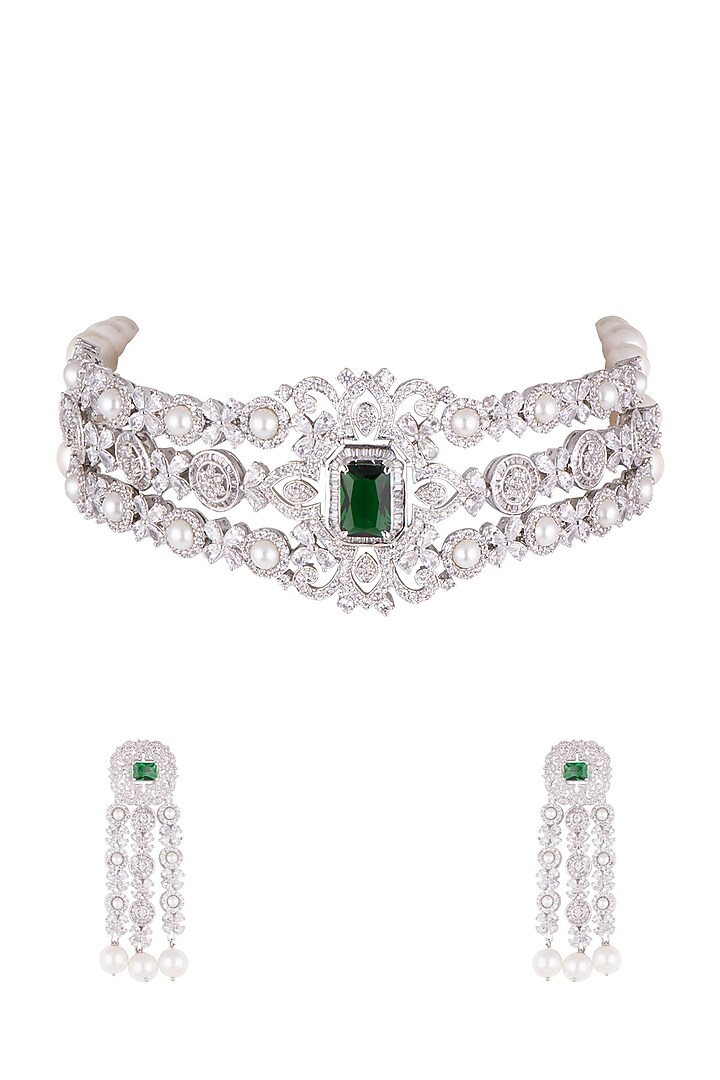 White Finish Faux Diamonds, Pearls & Stone Choker Necklace Set by Aster at Pernia's Pop Up Shop