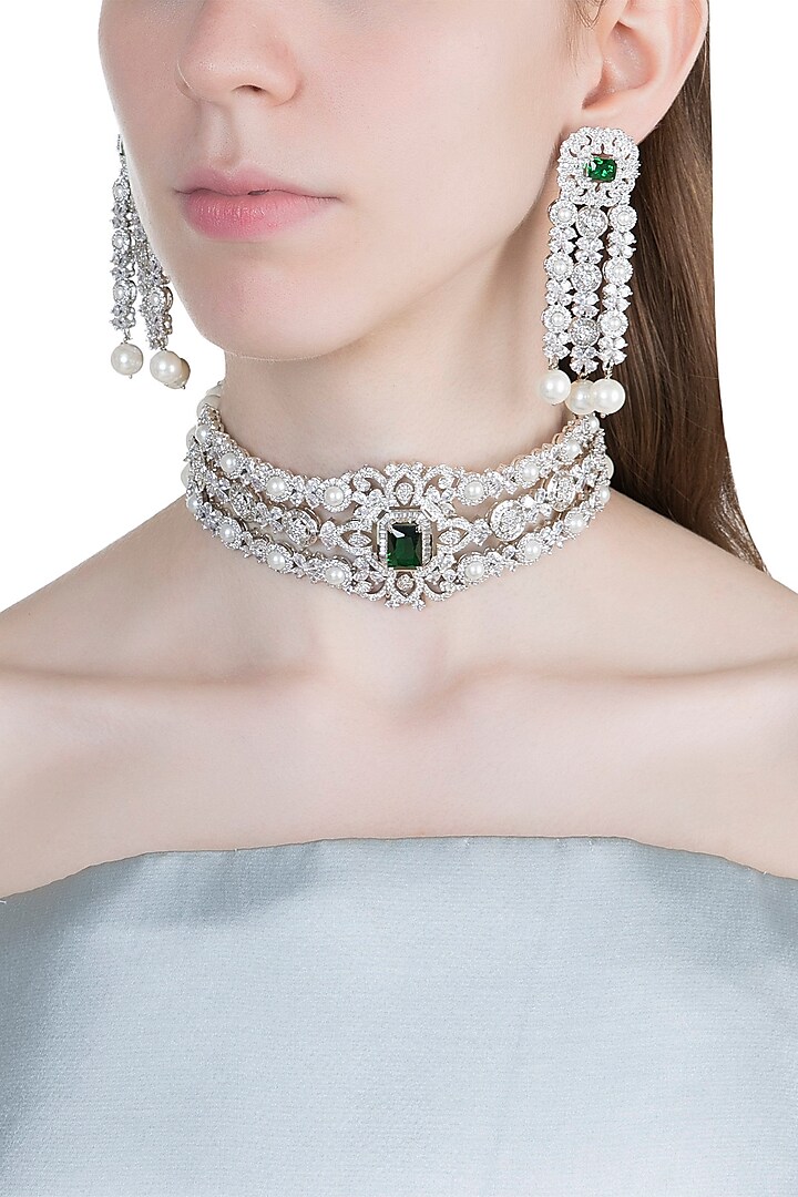 White Finish Faux Diamonds, Pearls & Stone Choker Necklace Set by Aster
