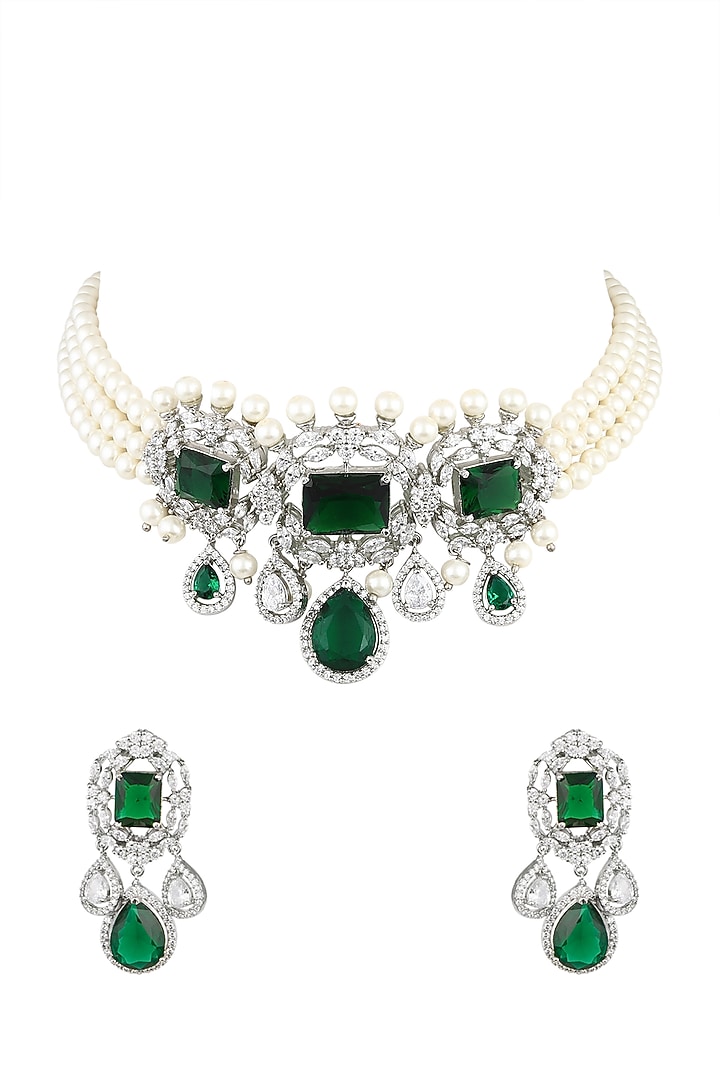White Finish Green Stone Choker Necklace Set by Aster at Pernia's Pop Up Shop
