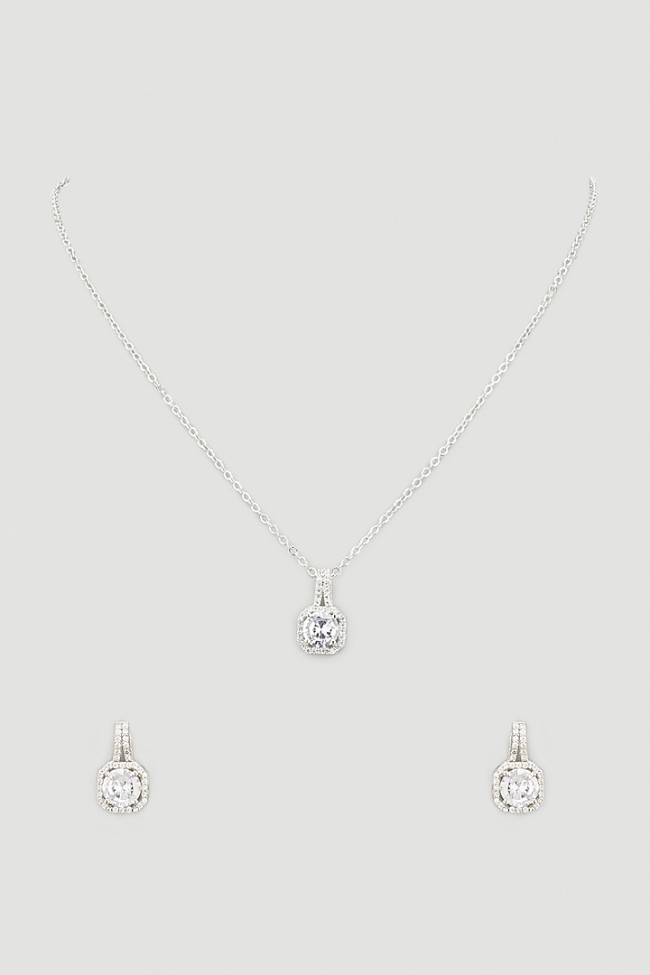 White Finish Faux Diamond Pendant Necklace Set by Aster