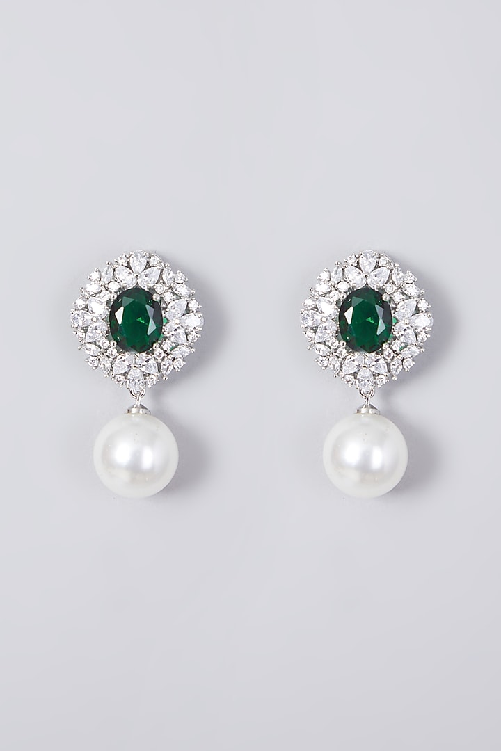 White Finish Zircon & Green Stone Stud Earrings by Aster at Pernia's Pop Up Shop